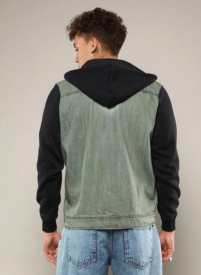 CAHOOT  Men's Grey & Black Light-Wash Denim Jacket With Sweatshirt Sleeve For Casual Wear | Hooded Neck | Long Sleeve | Button Closure | Cotton Jacket Crafted With Comfort Fit For Everyday Wear for Men | Best Price UAE